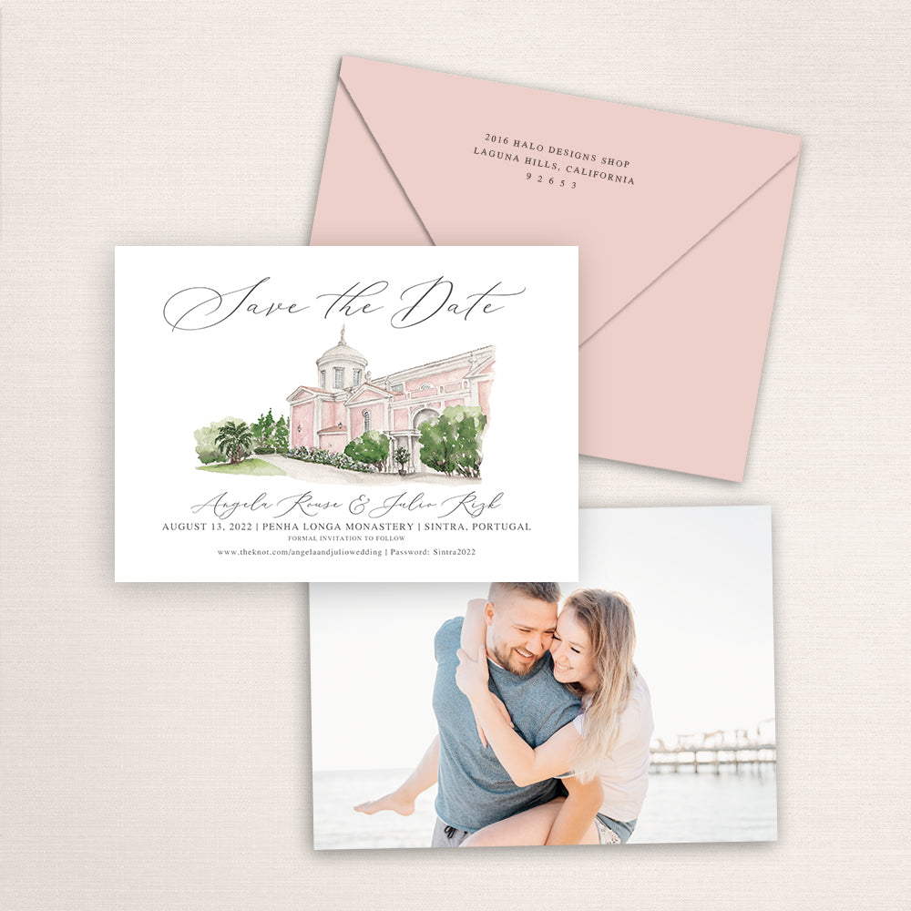 Custom watercolor Save the Date card featuring hand-painted venue illustration of Penha Longa Monastery in Sinatra, Portugal, personalized wedding stationery with elegant venue artwork with matching envelope.