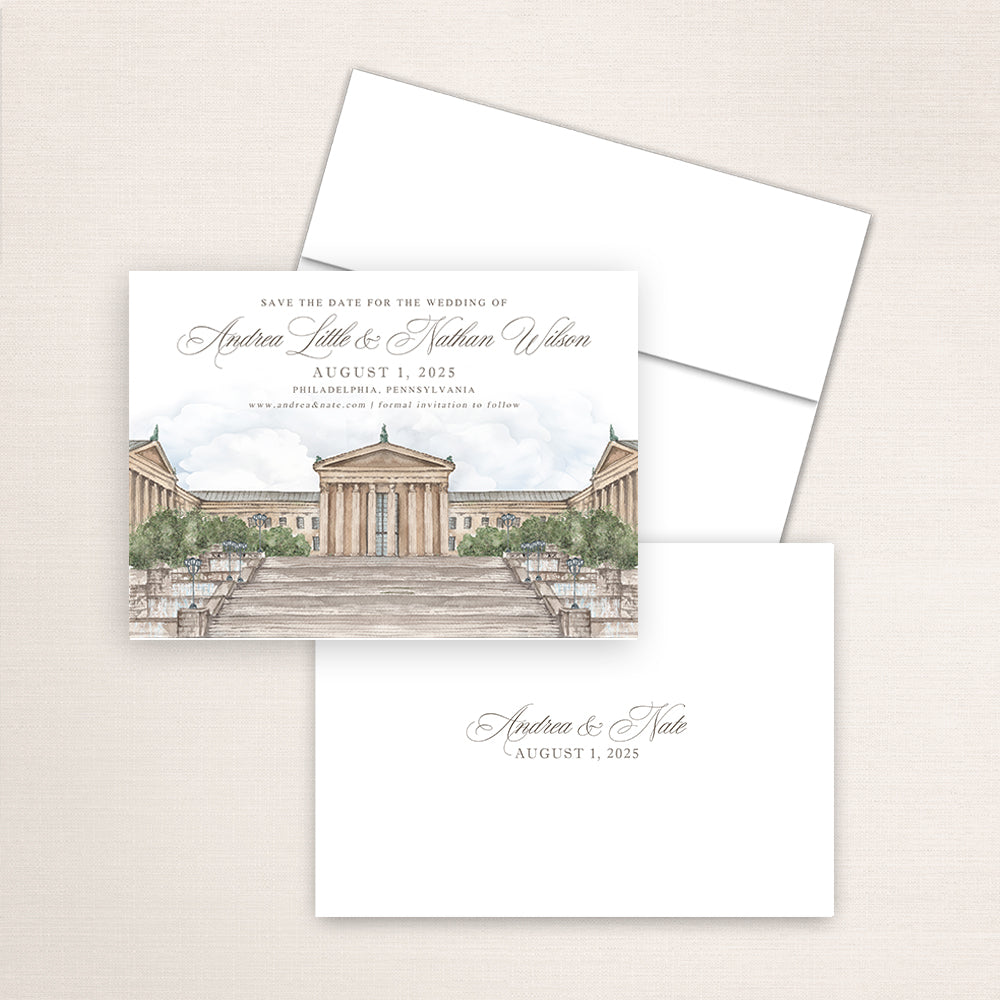 Philadelphia Museum of Art save the date featuring a hand-painted watercolor illustration of the iconic museum steps and neoclassical façade in Philadelphia, Pennsylvania, elegant script typography, and minimalist back printed with the couple’s names and wedding date.