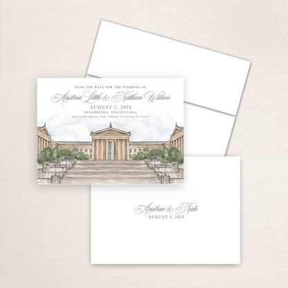 Philadelphia Museum of Art save the date featuring a hand-painted watercolor illustration of the iconic museum steps and neoclassical façade in Philadelphia, Pennsylvania, elegant script typography, and minimalist back printed with the couple’s names and wedding date.