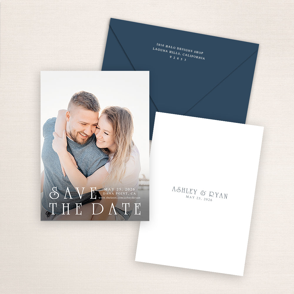 Simple and modern photo save the date card featuring a photo of the couple and  save the date card back. The design showcases elegant serif text reading “Save the Date” with wedding date, location, and website. Includes matching color envelopes and address printing.