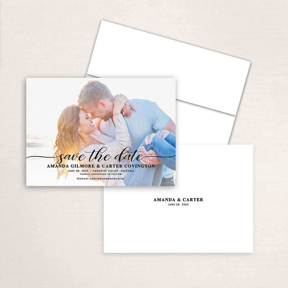 Horizontal photo save the date suite with script typography over the photo and plain white envelope.