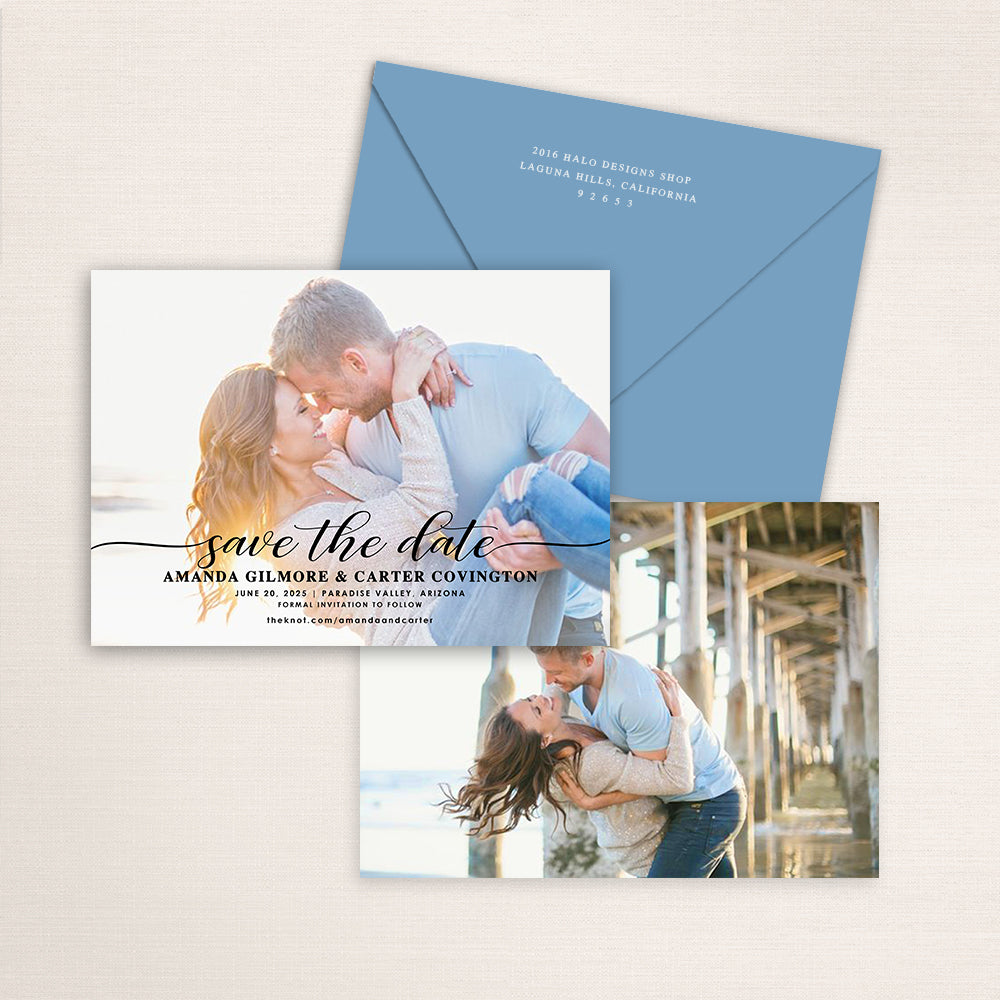 Horizontal photo save the date suite with script typography over the photo,  an additional engagement photo of the couple on the back, and matching envelope with white ink address printing.