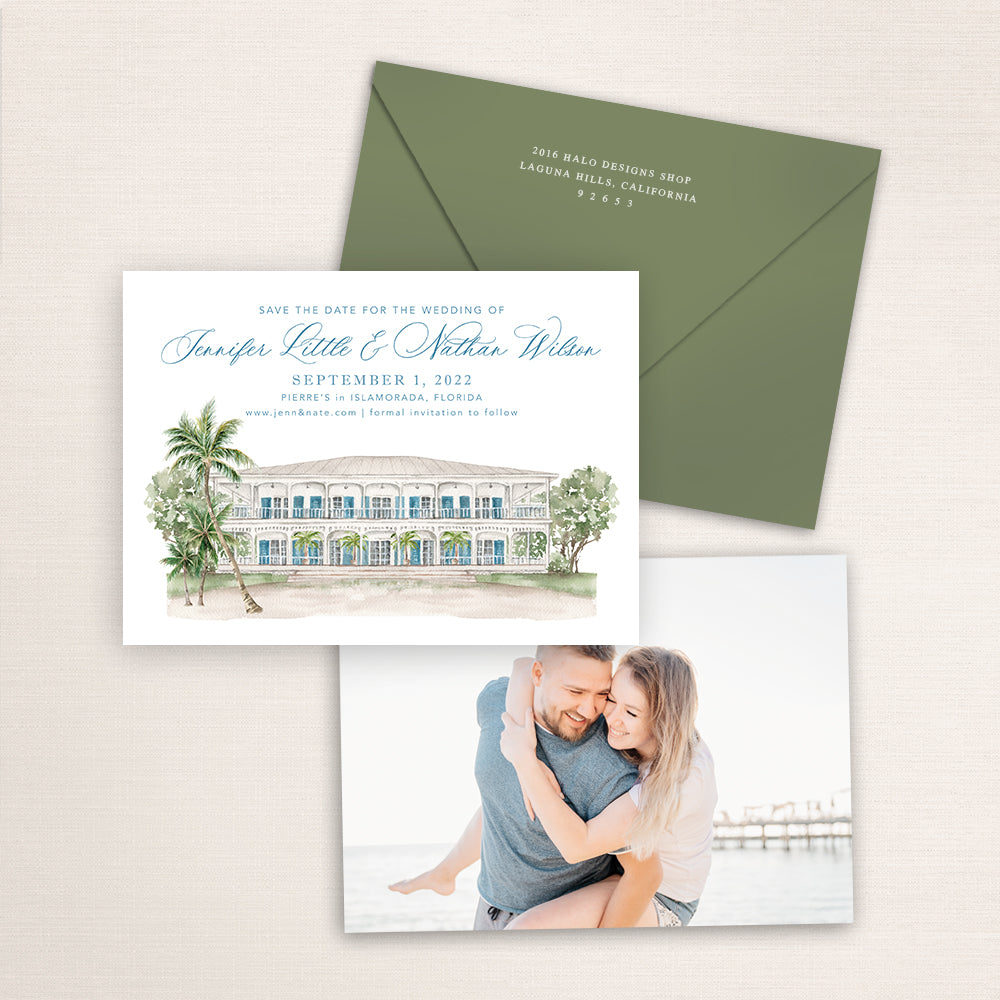 A watercolor painting of Pierre's printed on a save the date announcement with a photo on the back and matching envelopes.