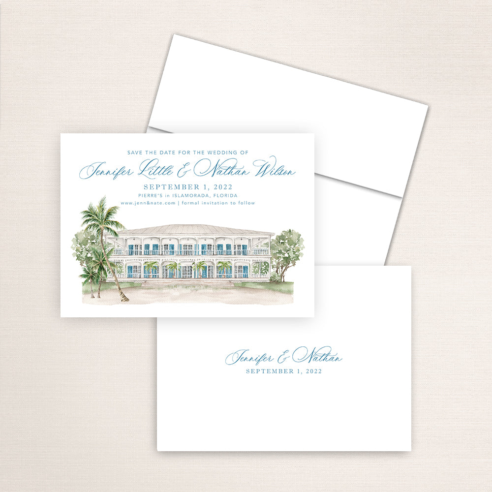 Hand-painted watercolor of Pierre's printed on a save the date wadding card.