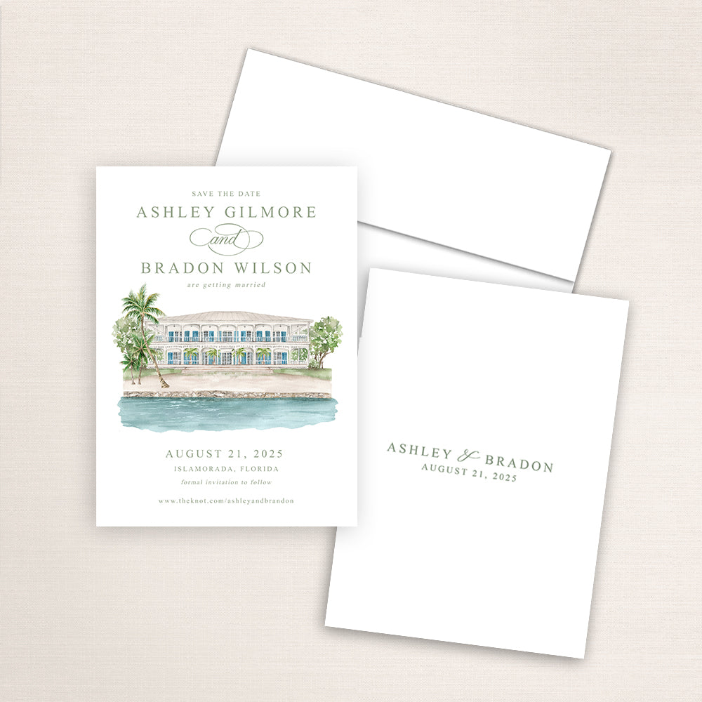 A vertical 5x7 watercolor painting of Pierre's with turquoise water printed on a save the date wedding card.