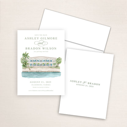 A vertical 5x7 watercolor painting of Pierre's with turquoise water printed on a save the date wedding card.