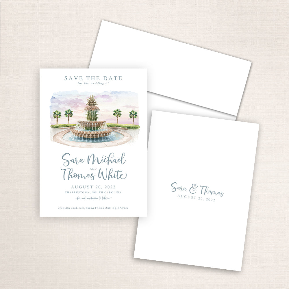 Wedding save the date announcements featuring a watercolor of the Pineapple Fountain in Charleston, South Carolina.