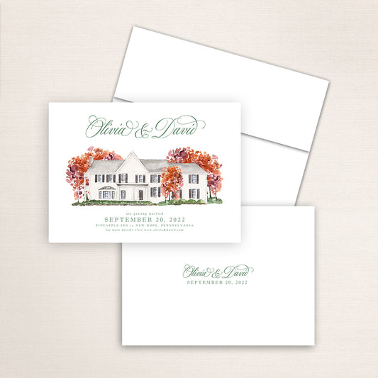 Custom watercolor Save the Date card featuring hand-painted venue illustration of Pineapple Inn in New Hope, Pennsylvania, personalized wedding stationery with elegant venue artwork. 