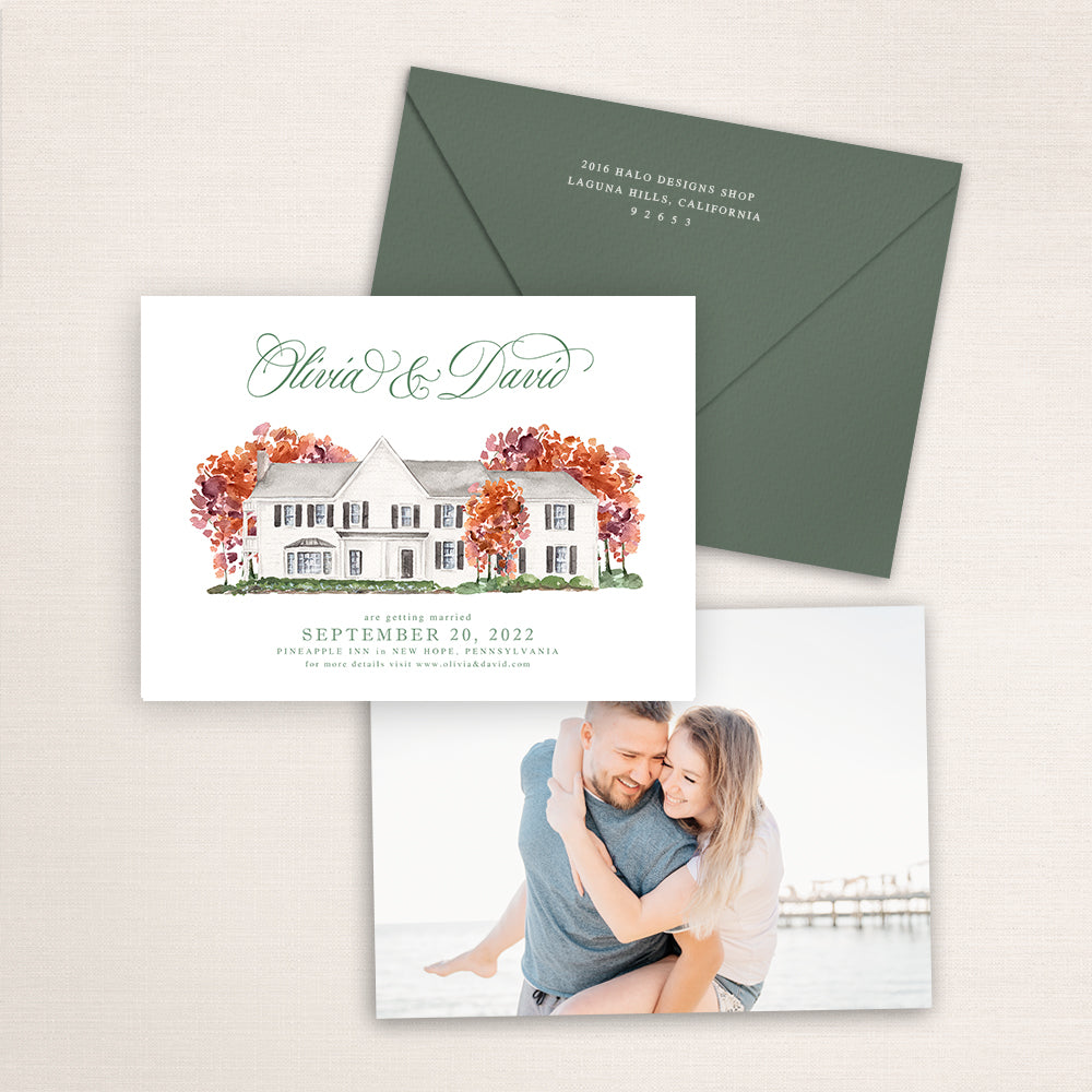 Custom watercolor Save the Date card featuring hand-painted venue illustration of Pineapple Inn in New Hope, Pennsylvania, personalized wedding stationery with elegant venue artwork with matching envelope. 