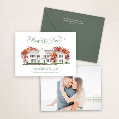 Custom watercolor Save the Date card featuring hand-painted venue illustration of Pineapple Inn in New Hope, Pennsylvania, personalized wedding stationery with elegant venue artwork with matching envelope. 