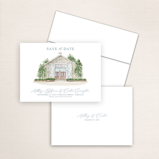 Custom watercolor Save the Date card featuring hand-painted venue illustration of Pippin Hill in North Garden, Virginia, personalized wedding stationery with elegant venue artwork. 
