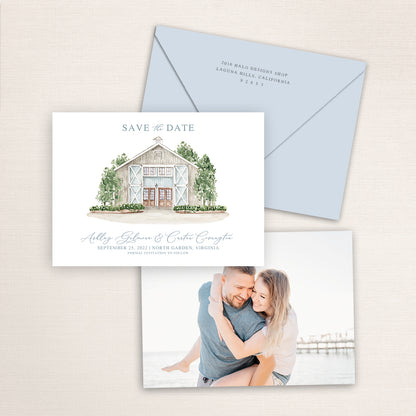 Custom watercolor Save the Date card featuring hand-painted venue illustration of Pippin Hill in North Garden, Virginia, personalized wedding stationery with elegant venue artwork with matching envelope.