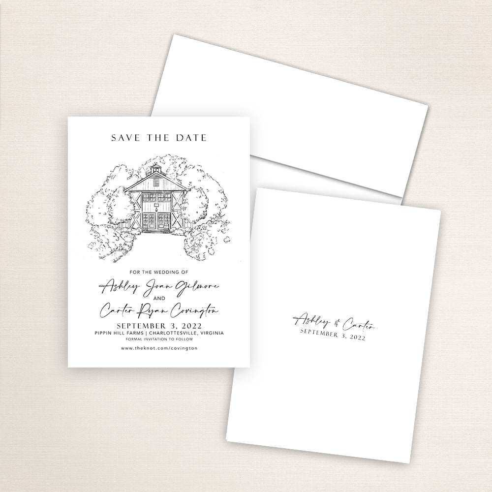 Custom sketch Save the Date card featuring hand-drawn venue illustration of Pippin Hill Farms in Charlottesville, Virginia, personalized wedding stationery with elegant venue artwork. 