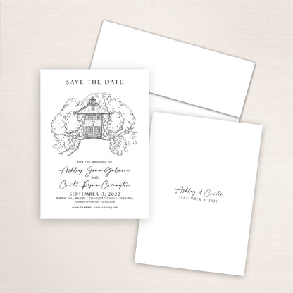 Custom sketch Save the Date card featuring hand-drawn venue illustration of Pippin Hill Farms in Charlottesville, Virginia, personalized wedding stationery with elegant venue artwork. 