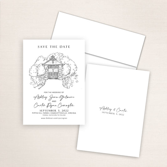 Custom sketch Save the Date card featuring hand-drawn venue illustration of Pippin Hill Farms in Charlottesville, Virginia, personalized wedding stationery with elegant venue artwork. 