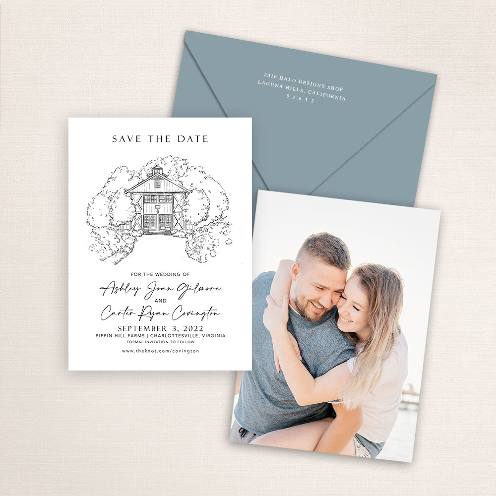 Custom sketch Save the Date card featuring hand-drawn venue illustration of Pippin Hill Farms in Charlottesville, Virginia, personalized wedding stationery with elegant venue artwork with matching envelope.