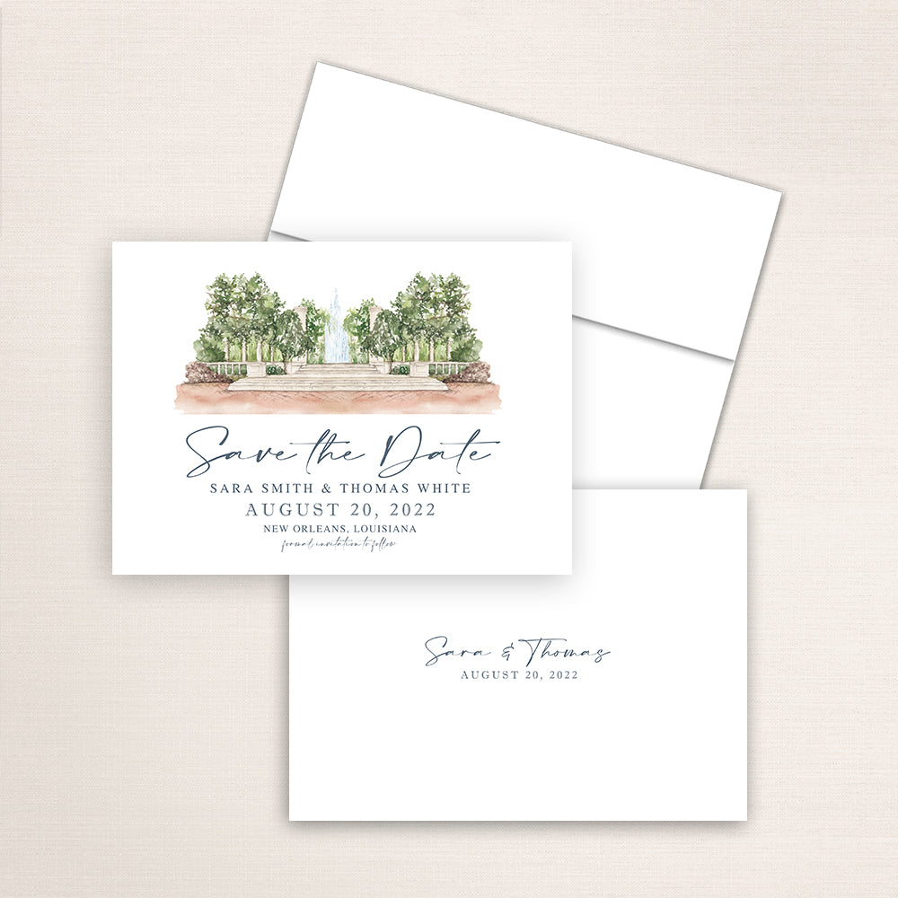 Custom watercolor Save the Date card featuring hand-painted venue illustration of Popp Fountain in New Orleans, Louisiana, personalized wedding stationery with elegant venue artwork. 
