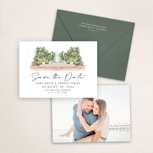 Custom watercolor Save the Date card featuring hand-painted venue illustration of Popp Fountain in New Orleans, Louisiana, personalized wedding stationery with elegant venue artwork with matching envelope.