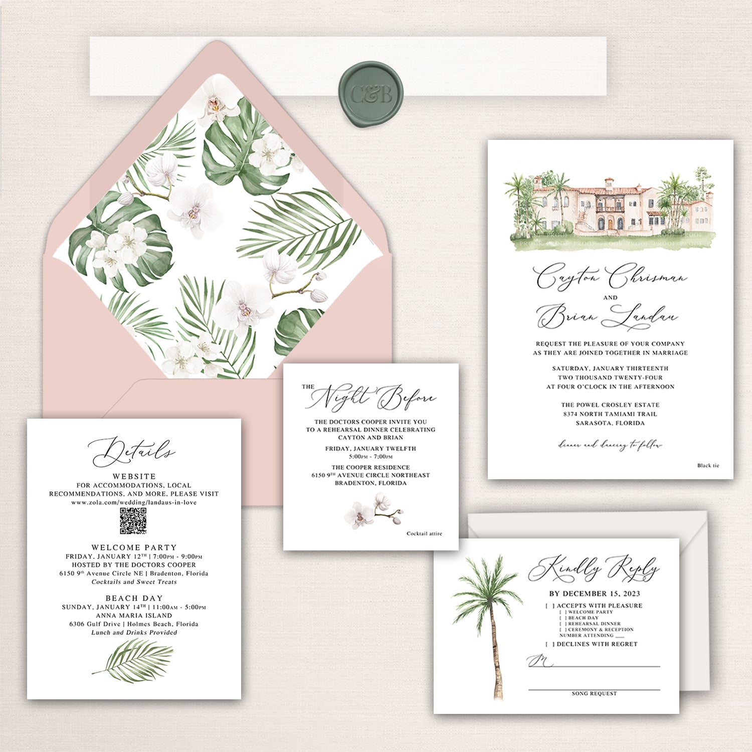 Neutral-toned wedding invitation suite featuring a hand-painted watercolor illustration of the Powel Crosley Estate. The suite includes the main invitation, RSVP card with a palm tree illustration, details card with a QR code, and a “Night Before” rehearsal insert with a floral accent. Coordinating upgrades include mist gray envelopes with printed addressing, a custom wax seal with initials “C&B,” and elegant calligraphy-inspired fonts displayed on a marble background.