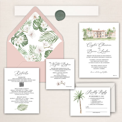 Neutral-toned wedding invitation suite featuring a hand-painted watercolor illustration of the Powel Crosley Estate. The suite includes the main invitation, RSVP card with a palm tree illustration, details card with a QR code, and a “Night Before” rehearsal insert with a floral accent. Coordinating upgrades include mist gray envelopes with printed addressing, a custom wax seal with initials “C&B,” and elegant calligraphy-inspired fonts displayed on a marble background.