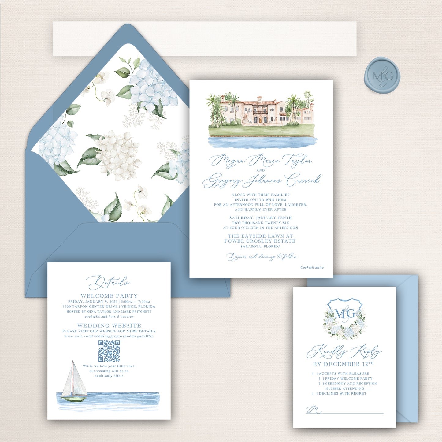 Watercolor wedding invitation suite inspired by the Powel Crosley Estate, featuring a hand-painted venue illustration, blue and white hydrangea envelope liner, monogram crest RSVP card, and coastal details with matching blue envelopes.