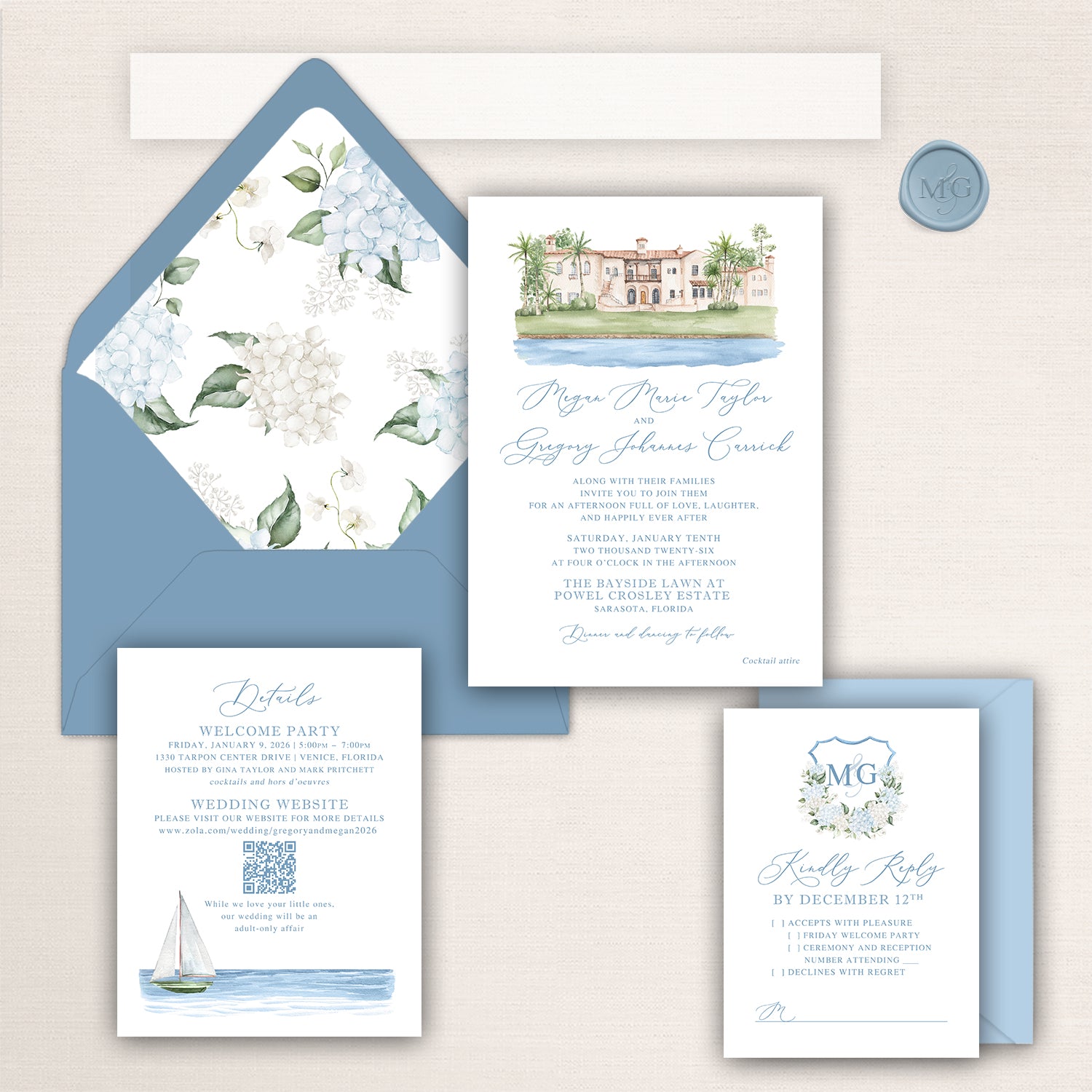 Watercolor wedding invitation suite inspired by the Powel Crosley Estate, featuring a hand-painted venue illustration, blue and white hydrangea envelope liner, monogram crest RSVP card, and coastal details with matching blue envelopes.