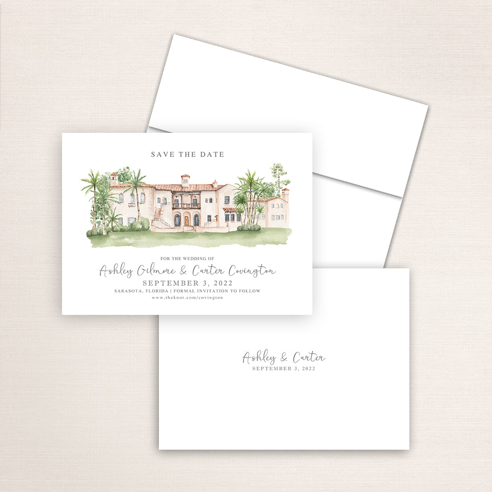 Custom watercolor Save the Date card featuring hand-painted venue illustration of Powel Crosley Estate in Sarasota, Florida, personalized wedding stationery with elegant venue artwork. 