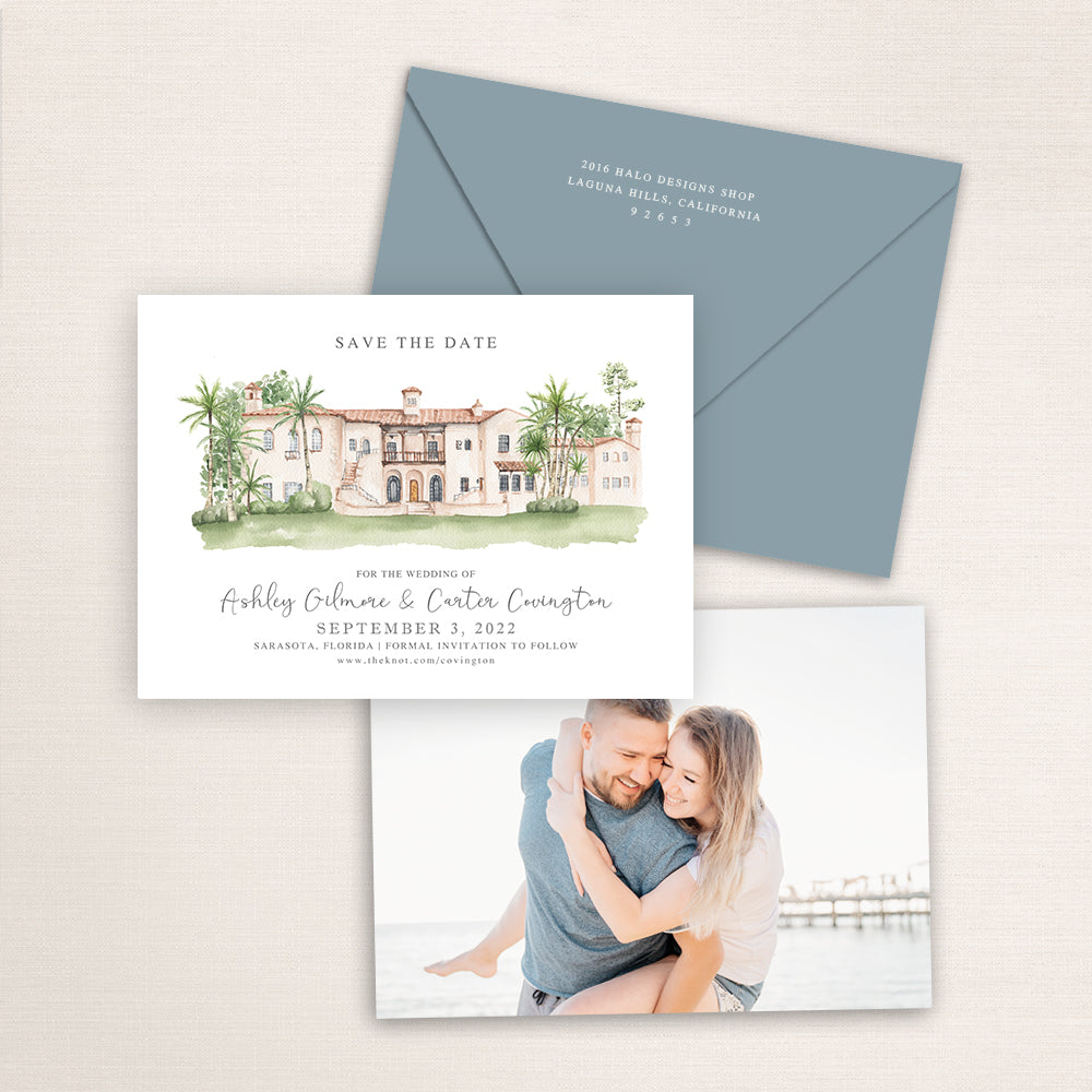Custom watercolor Save the Date card featuring hand-painted venue illustration of Powel Crosley Estate in Sarasota, Florida, personalized wedding stationery with elegant venue artwork with matching envelope.