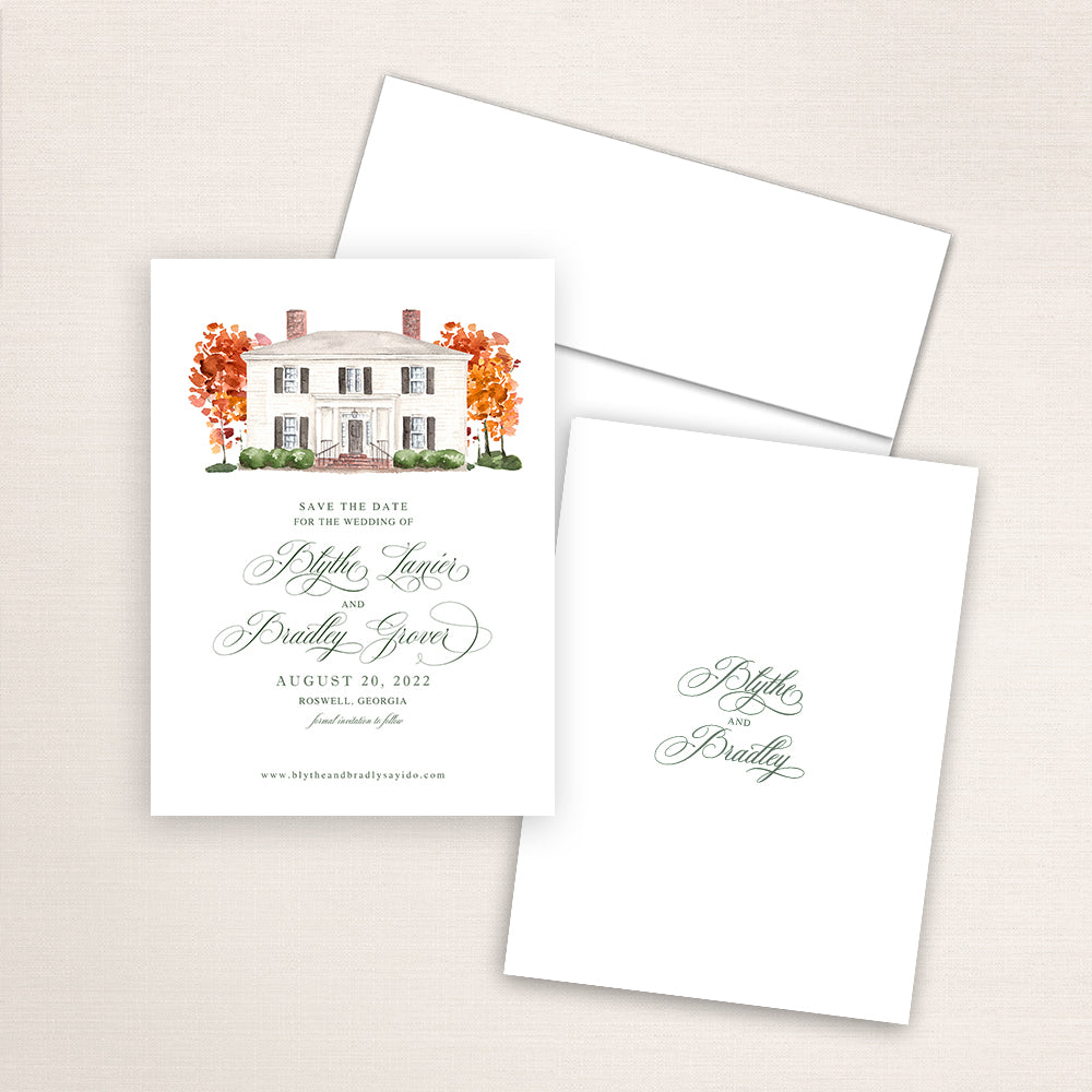 Custom watercolor Save the Date card featuring hand-painted venue illustration of Primrose Cottage in Roswell, Georgia, personalized wedding stationery with elegant venue artwork. 