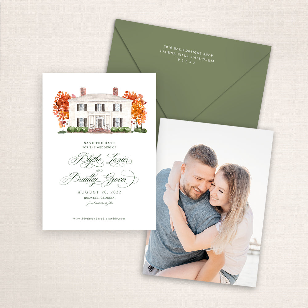 Custom watercolor Save the Date card featuring hand-painted venue illustration of Primrose Cottage in Roswell, Georgia, personalized wedding stationery with elegant venue artwork with matching envelope.