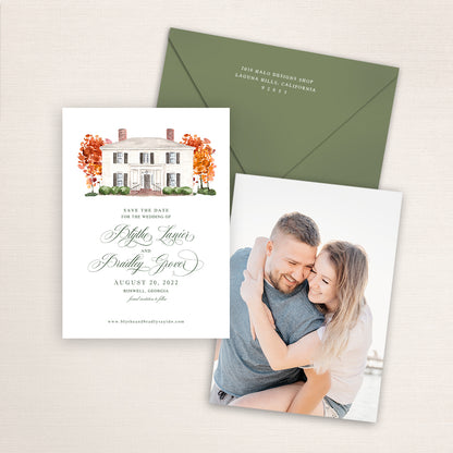 Custom watercolor Save the Date card featuring hand-painted venue illustration of Primrose Cottage in Roswell, Georgia, personalized wedding stationery with elegant venue artwork with matching envelope.