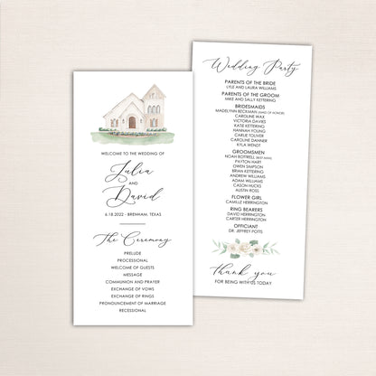Slim wedding program cards with a watercolor of the ceremony venue — featuring the ceremony order on one side and the the wedding party list on the reverse.  