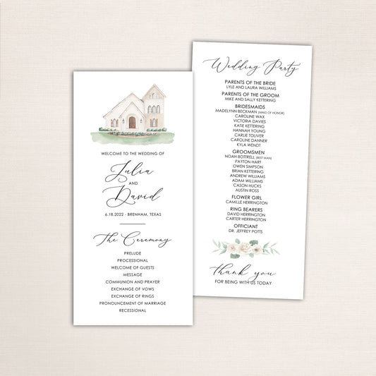 Slim wedding program cards with a watercolor of the ceremony venue — featuring the ceremony order on one side and the the wedding party list on the reverse.  