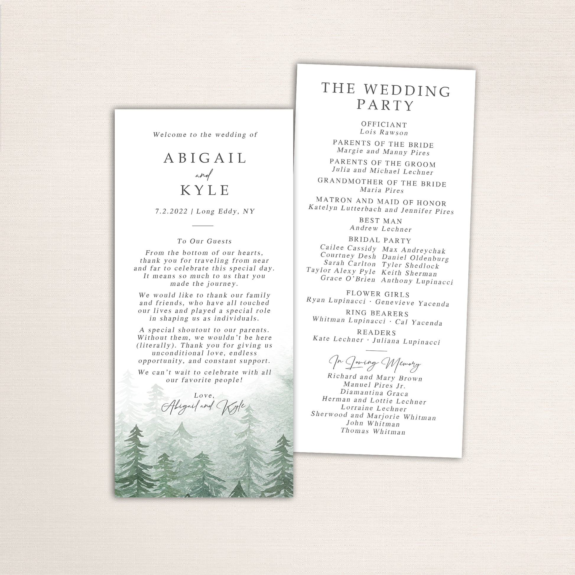 Slim wedding program cards with a watercolor of evergreen forest artwork  — featuring the ceremony order on one side and the the wedding party list on the reverse.