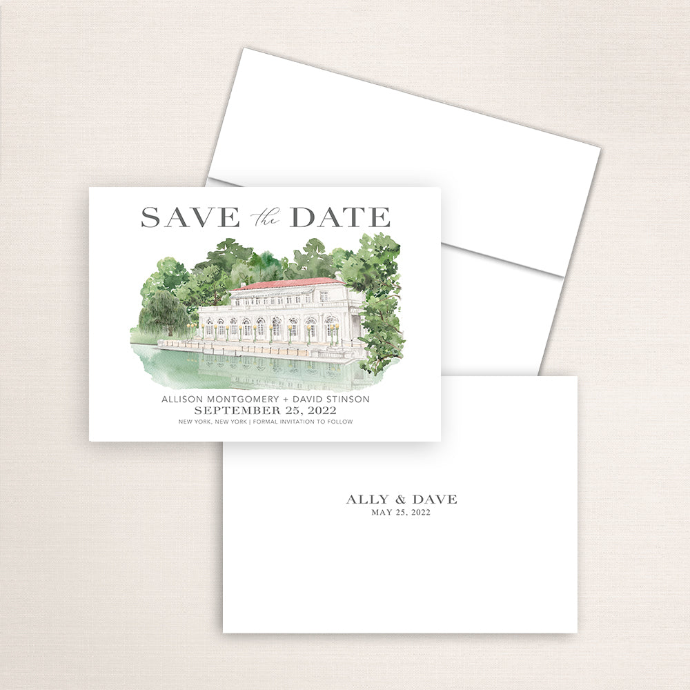 Custom watercolor Save the Date card featuring hand-painted venue illustration of Prospect Park Boathouse in New York, personalized wedding stationery with elegant venue artwork. 