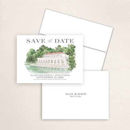 Custom watercolor Save the Date card featuring hand-painted venue illustration of Prospect Park Boathouse in New York, personalized wedding stationery with elegant venue artwork. 