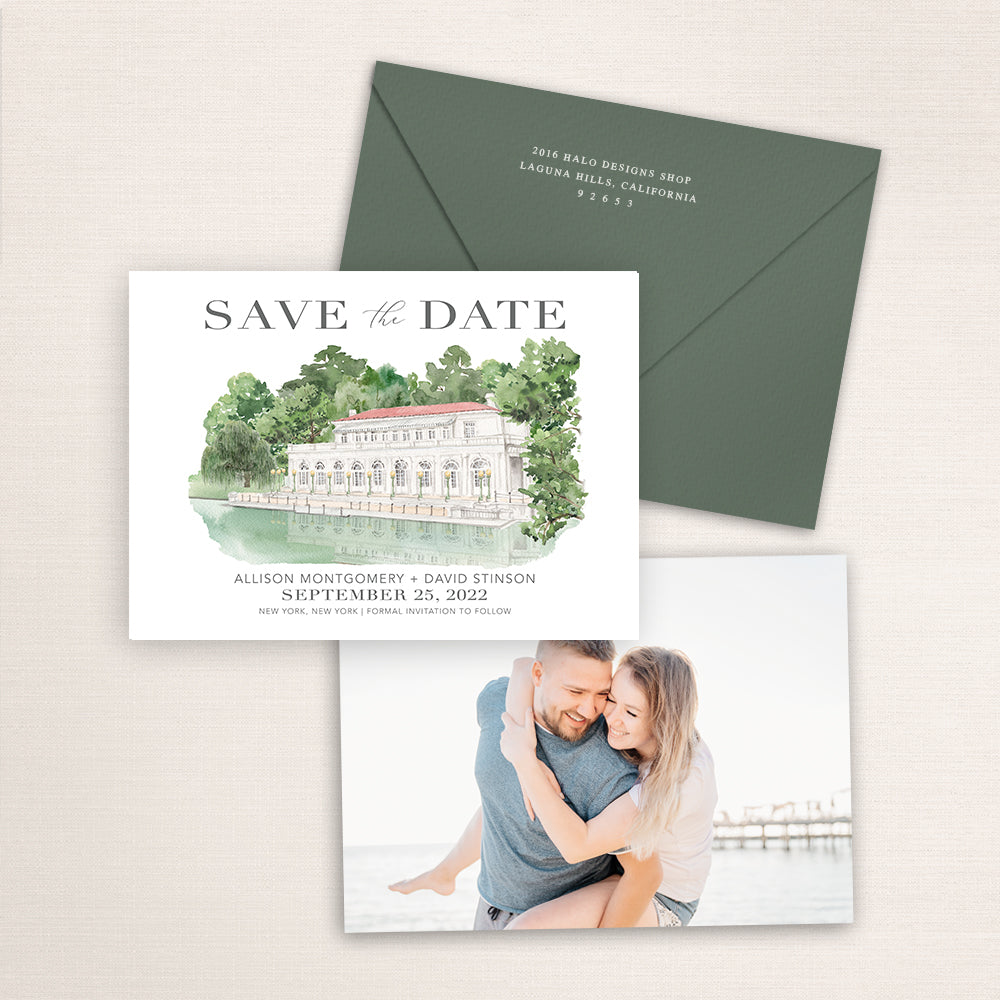 Custom watercolor Save the Date card featuring hand-painted venue illustration of Prospect Park Boathouse in New York, personalized wedding stationery with elegant venue artwork with matching envelope.