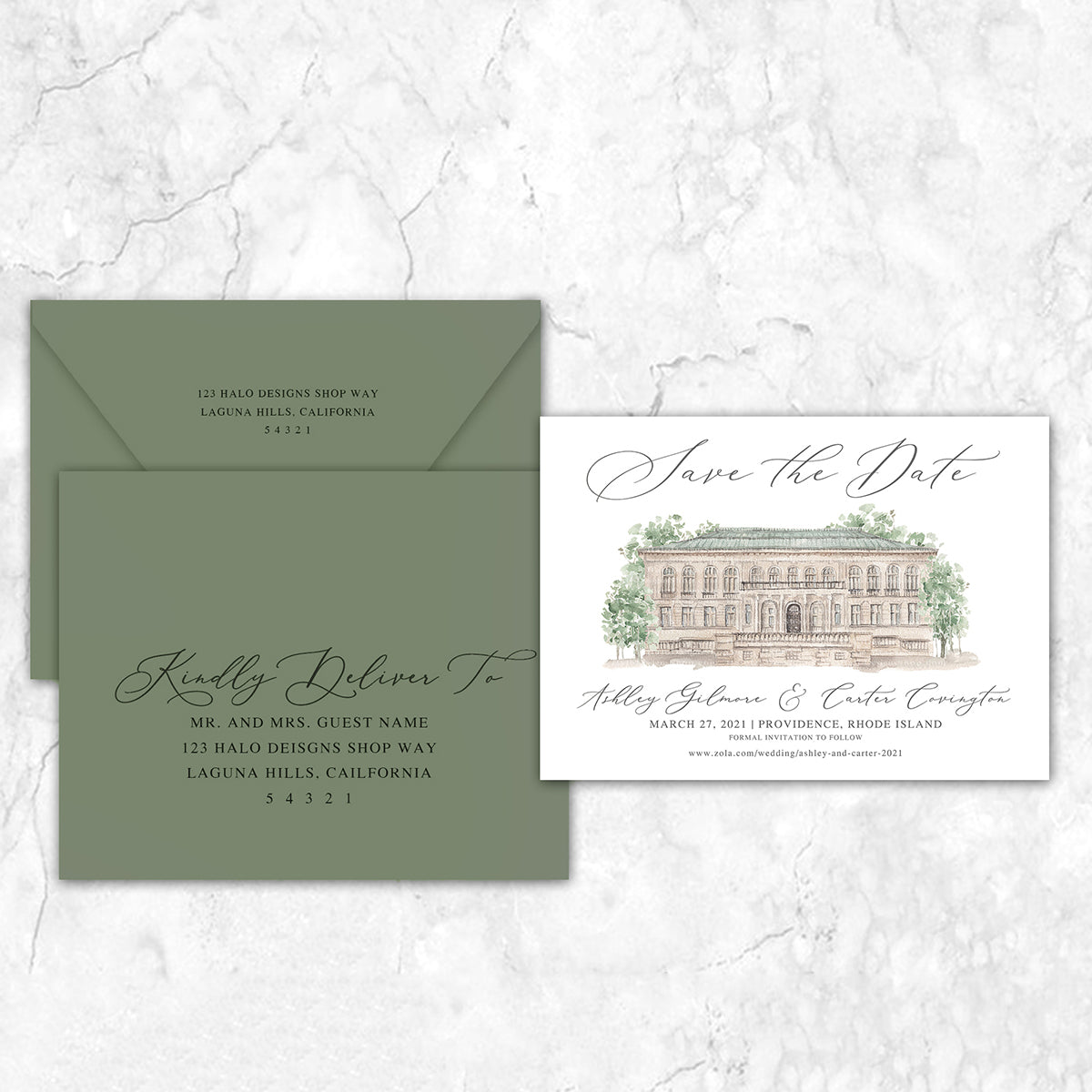 Custom watercolor Save the Date card featuring hand-painted venue illustration of Providence Public Library in Rhode Island personalized wedding stationery with elegant venue artwork with matching envelope. 