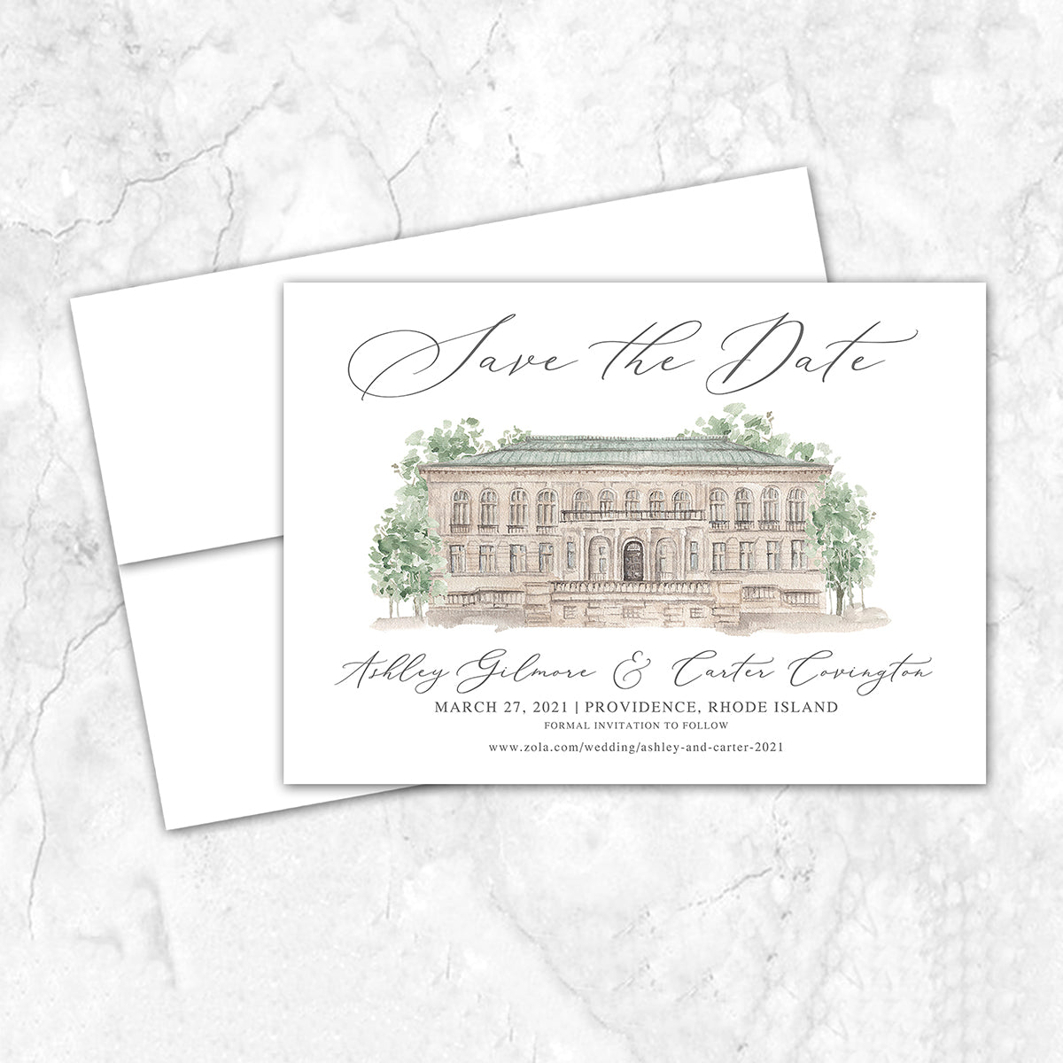 Custom watercolor Save the Date card featuring hand-painted venue illustration of Providence Public Library in Providence, Rhode Island, personalized wedding stationery with elegant venue artwork. 