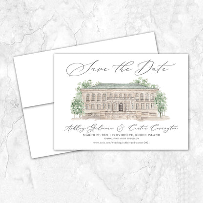Custom watercolor Save the Date card featuring hand-painted venue illustration of Providence Public Library in Providence, Rhode Island, personalized wedding stationery with elegant venue artwork. 