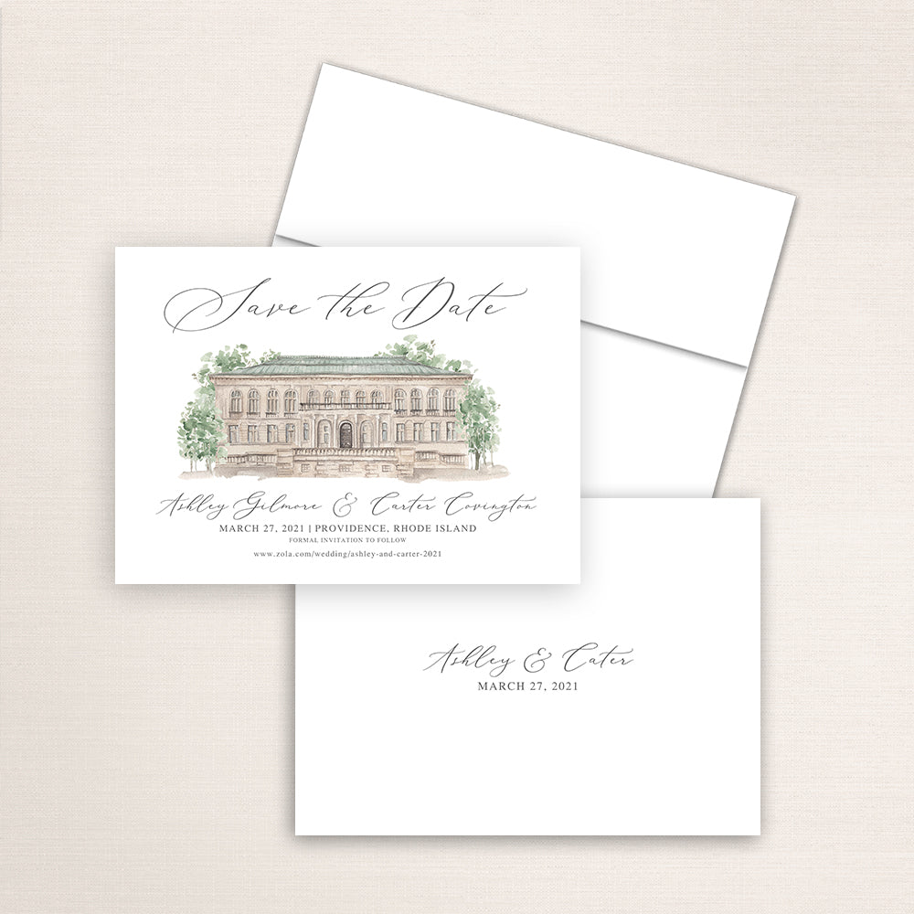 Custom watercolor Save the Date card featuring hand-painted venue illustration of Providence Public Library in Providence, Rhode Island, personalized wedding stationery with elegant venue artwork. 