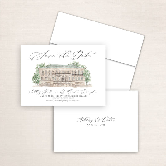 Custom watercolor Save the Date card featuring hand-painted venue illustration of Providence Public Library in Providence, Rhode Island, personalized wedding stationery with elegant venue artwork. 
