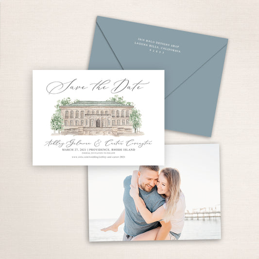 Custom watercolor Save the Date card featuring hand-painted venue illustration of Providence Public Library in Providence, Rhode Island, personalized wedding stationery with elegant venue artwork with matching envelope.