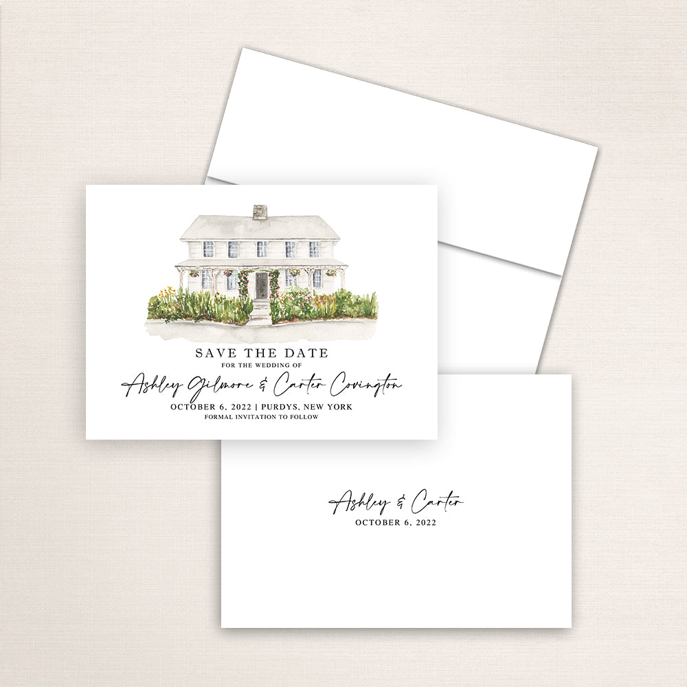 Custom watercolor Save the Date card featuring hand-painted venue illustration of Purdy's Farmer and the Fish in Purdys, New York, personalized wedding stationery with elegant venue artwork. 