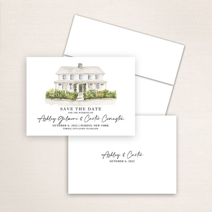Custom watercolor Save the Date card featuring hand-painted venue illustration of Purdy's Farmer and the Fish in Purdys, New York, personalized wedding stationery with elegant venue artwork. 