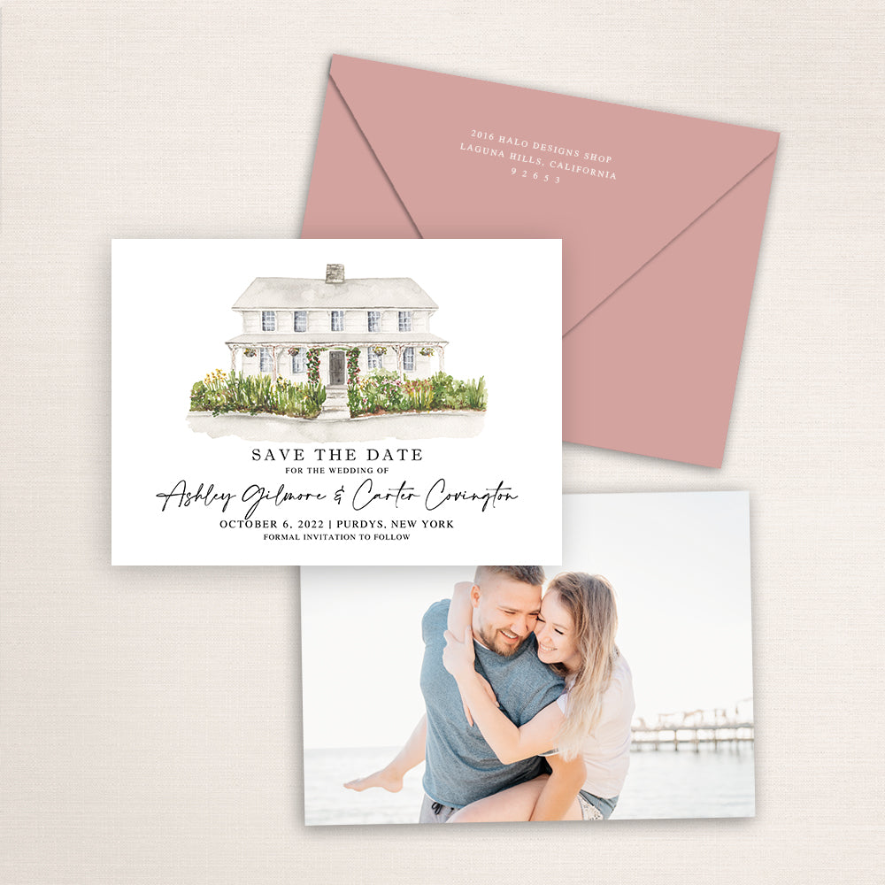 Custom watercolor Save the Date card featuring hand-painted venue illustration of Purdy's Farmer and the Fish in Purdys, New York, personalized wedding stationery with elegant venue artwork with matching envelope.