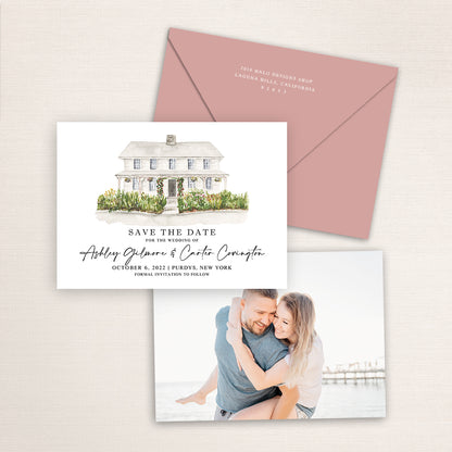 Custom watercolor Save the Date card featuring hand-painted venue illustration of Purdy's Farmer and the Fish in Purdys, New York, personalized wedding stationery with elegant venue artwork with matching envelope.