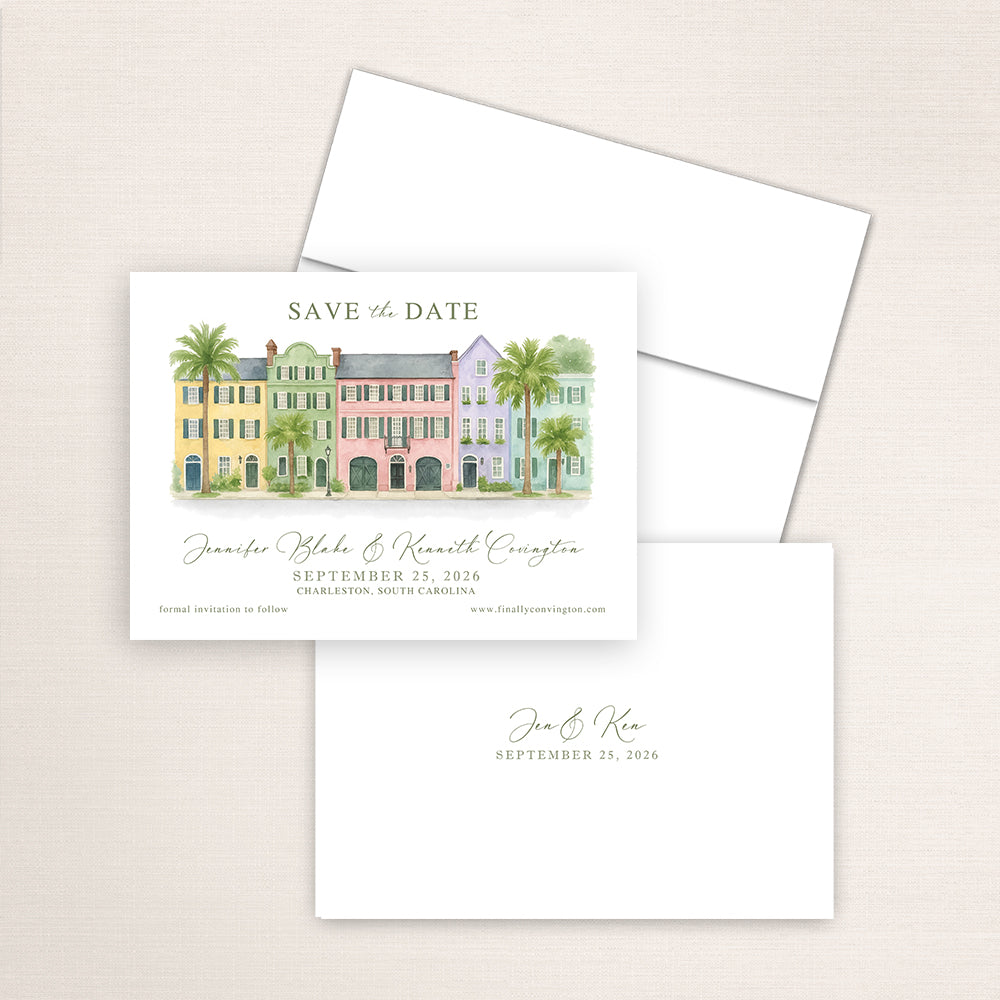 Rainbow Row wedding save the date with detailed watercolor artwork of the colorful Charleston, South Carolina historic houses, refined calligraphy names, white envelope, and minimalist printed back with couple’s names and wedding date.