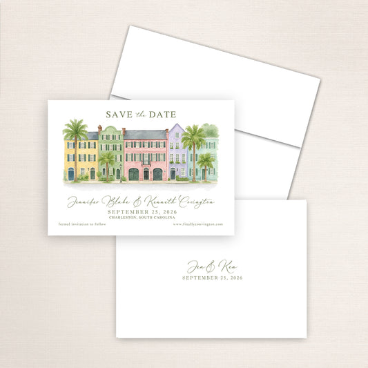 Rainbow Row wedding save the date with detailed watercolor artwork of the colorful Charleston, South Carolina historic houses, refined calligraphy names, white envelope, and minimalist printed back with couple’s names and wedding date.