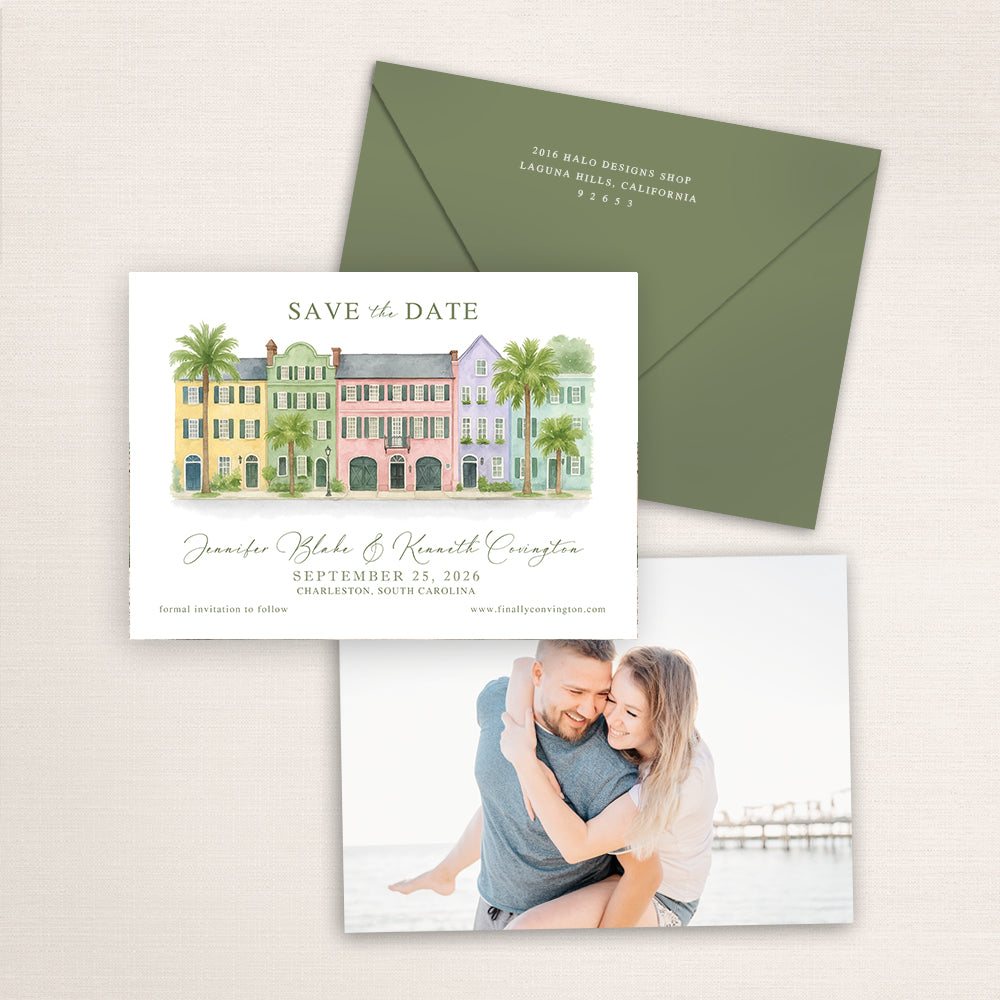 Rainbow Row Charleston save the date featuring a hand-painted watercolor illustration of the iconic pastel historic homes with palm trees, elegant script typography, olive green envelope, and engagement photo on the back.